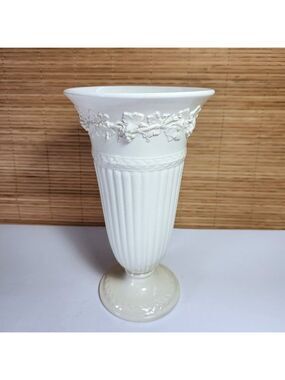 Wedgwood Trumpet Vase Vintage 1922 Embossed Queens Ware Cream on Cream 8.5 in.